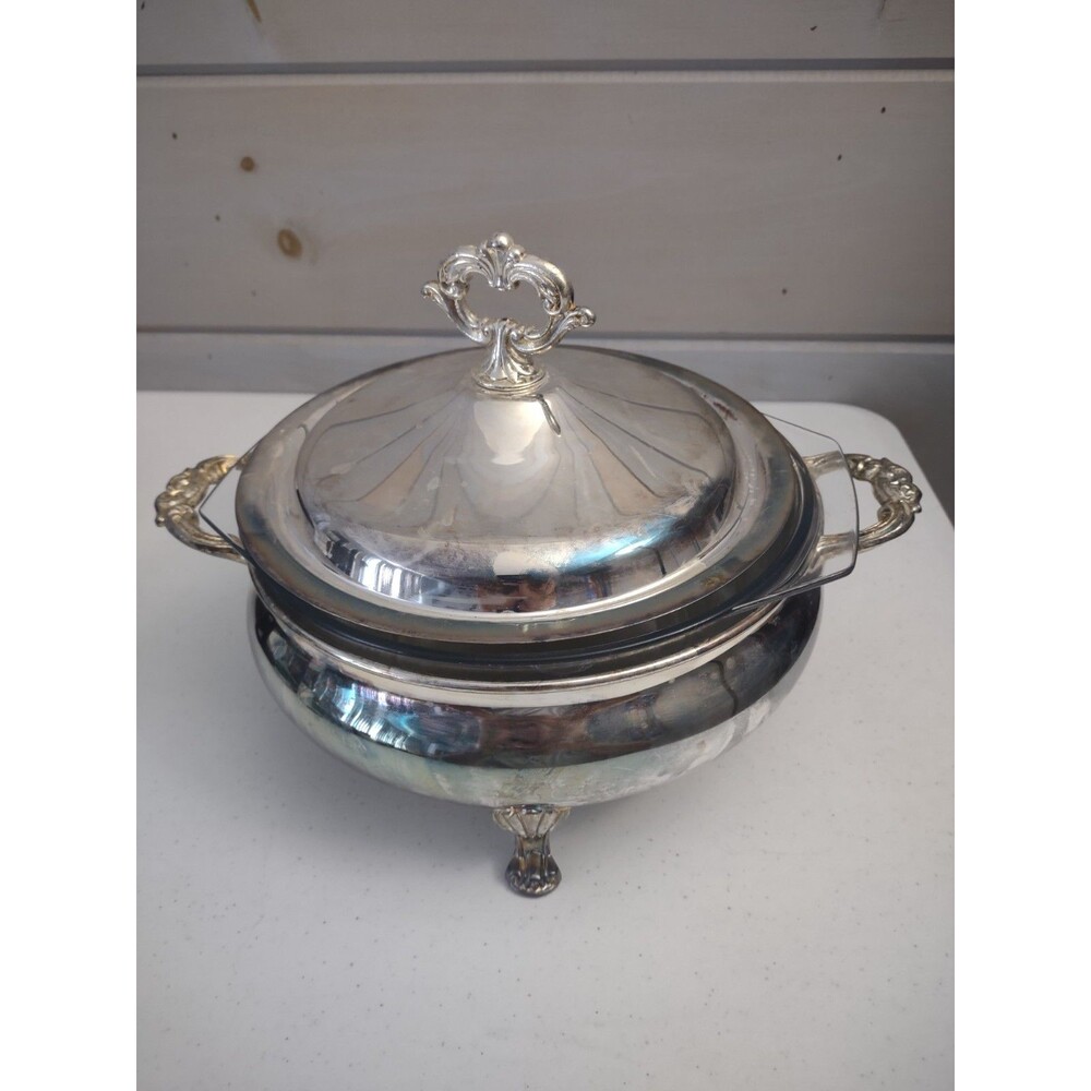 Vintage Silver Plated Covered Casserole Serving Dish Glass Insert Hong Kong